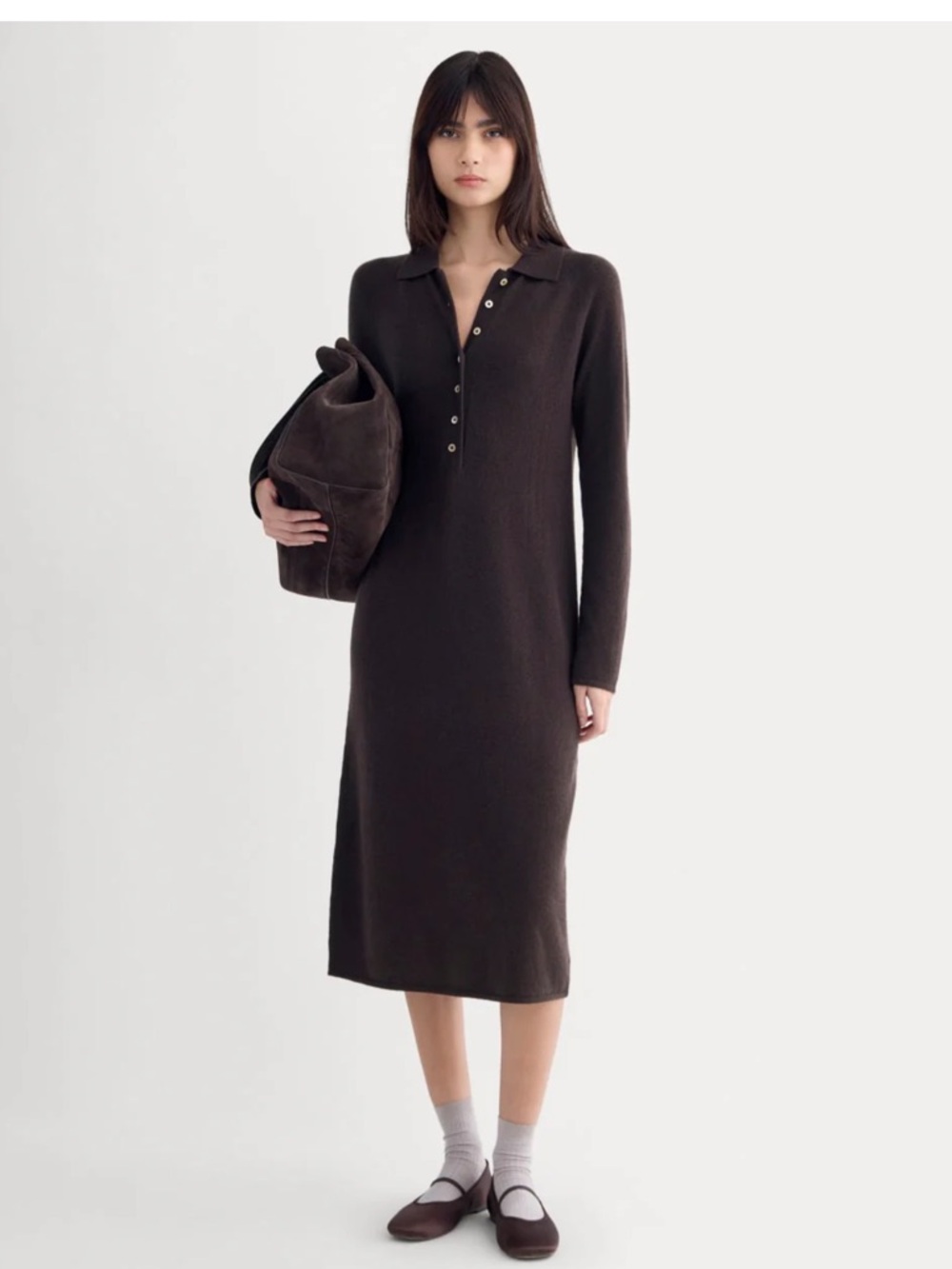 Everlane XL Polo 100% cashmere 1/2 button soft chocolate midi dress corpcore